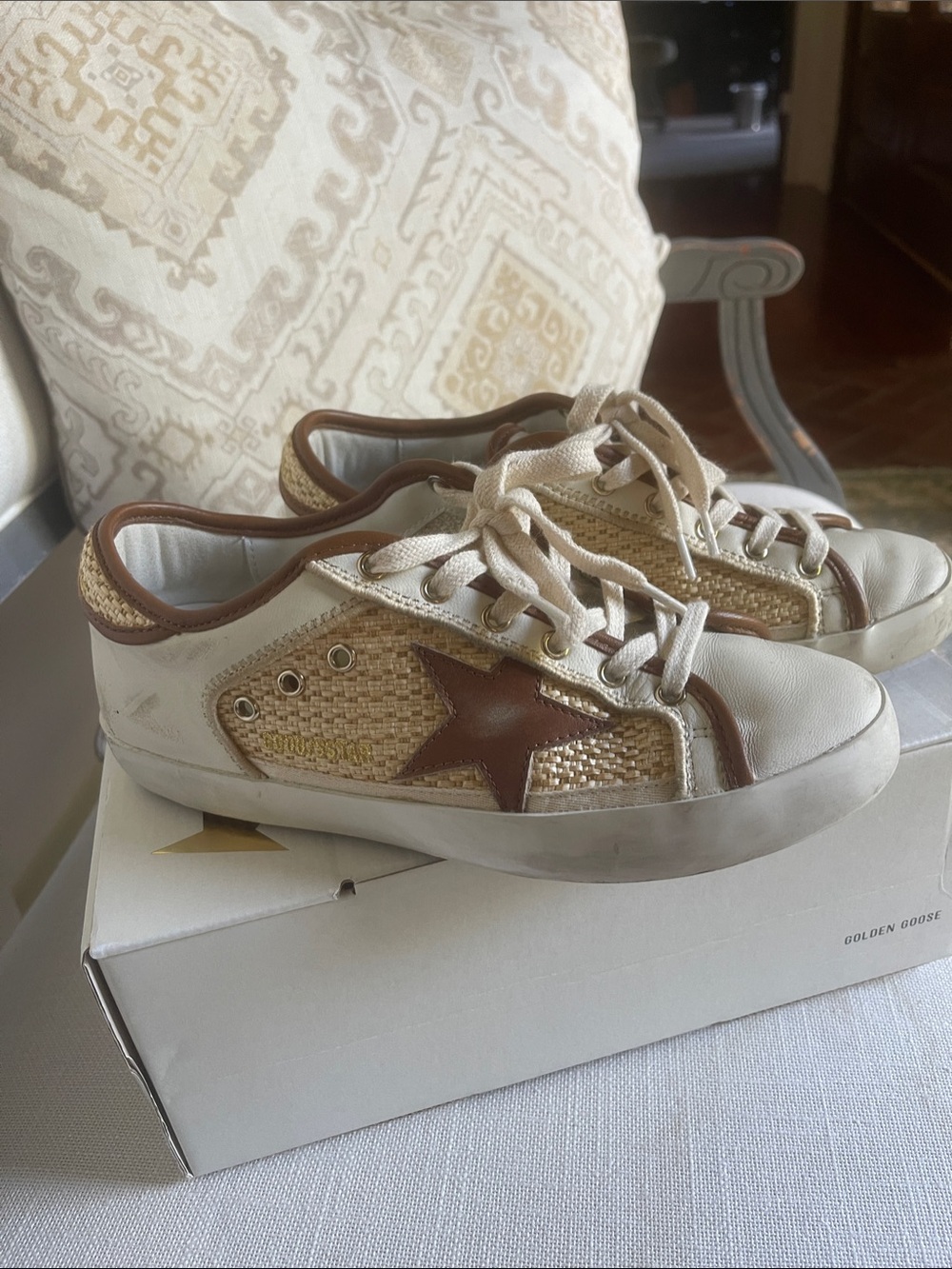 Golden Goose Low-Top Sneakers in White and Brown with Woven Panels rafia